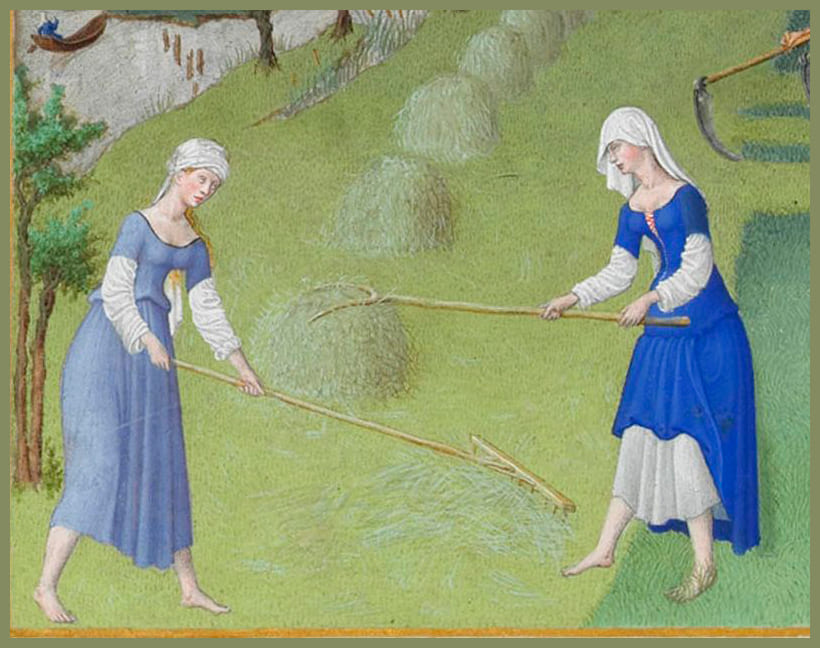 2 mujeres con kirtle medieval realizando faenas agricolas • Qué se usaba antes del corsé