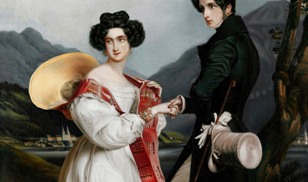 detalle pintura Engagement portrait of Princess Ludovika of Bavaria and Duke Maximilian Joseph in Bavaria por Joseph Karl Stieler 1828 • Cuándo surge el corsé